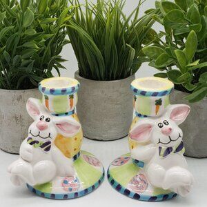 Easter Rabbit Ceramic Hand Painted Candle Stick Holders Set of 2